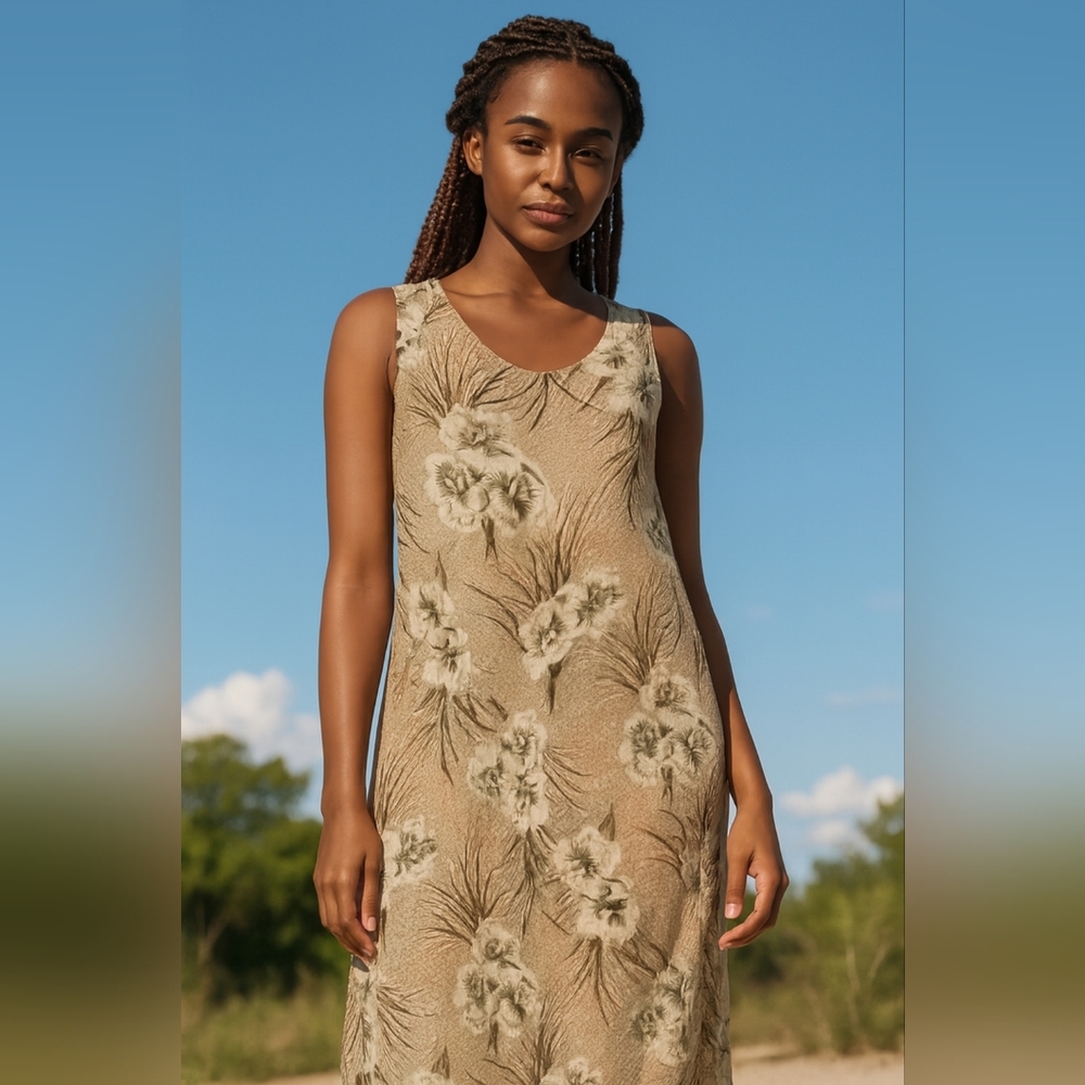 KATHY LEE Vintage Tan Floral Sleeveless‎ Dress Cottage Beige Undertones(#758)